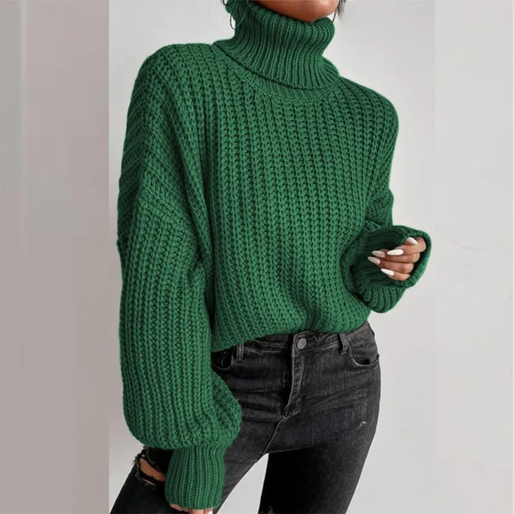 Women's Turtleneck Oversized Sweaters Drop Shoulder Long Sleeve Spilt Hem Tunic Pullover Sweater Ribbed Knit Tops