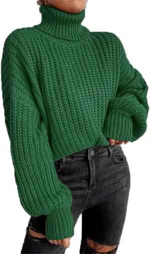 Women's Turtleneck Oversized Sweaters Drop Shoulder Long Sleeve Spilt Hem Tunic Pullover Sweater Ribbed Knit Tops