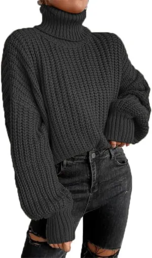 Women's Turtleneck Oversized Sweaters Drop Shoulder Long Sleeve Spilt Hem Tunic Pullover Sweater Ribbed Knit Tops