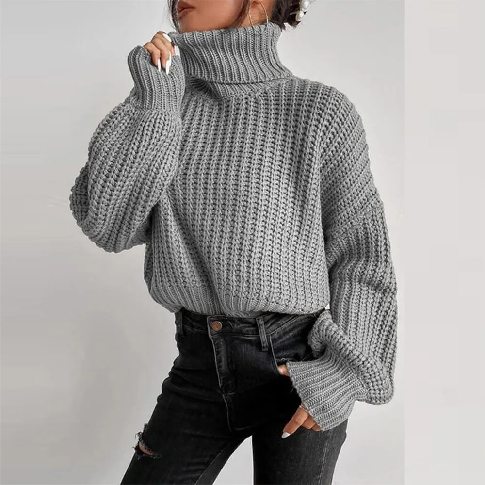 Women's Turtleneck Oversized Sweaters Drop Shoulder Long Sleeve Spilt Hem Tunic Pullover Sweater Ribbed Knit Tops