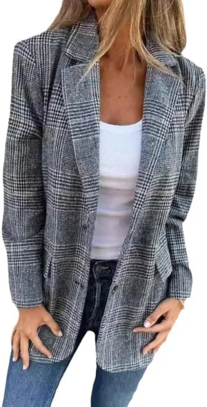Womens Tweed Blazer Long Plaid Houndstooth Blazer Casual Dressy Business Work Suit Jackets