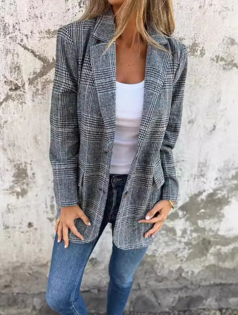 Womens Tweed Blazer Long Plaid Houndstooth Blazer Casual Dressy Business Work Suit Jackets