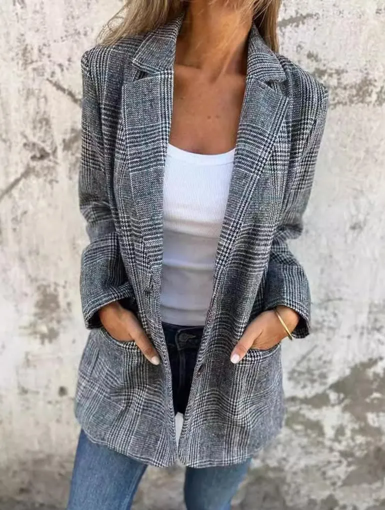 Womens Tweed Blazer Long Plaid Houndstooth Blazer Casual Dressy Business Work Suit Jackets