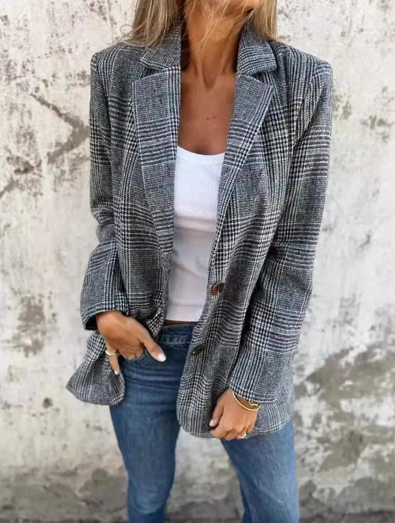 Womens Tweed Blazer Long Plaid Houndstooth Blazer Casual Dressy Business Work Suit Jackets