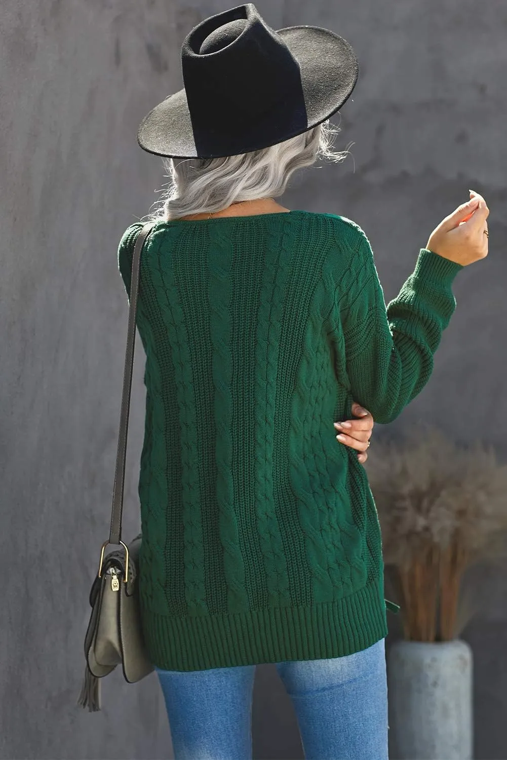 Womens V Neck Cable Knit Pullover Sweaters Chunky Long Sleeve Lace Up Side Jumper Tops