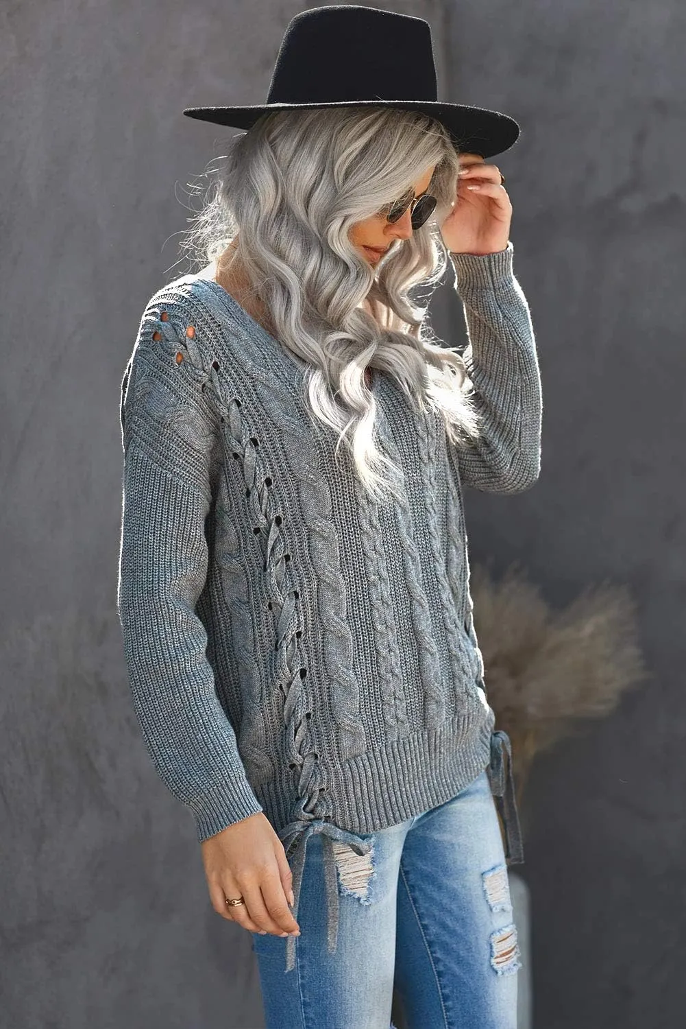 Womens V Neck Cable Knit Pullover Sweaters Chunky Long Sleeve Lace Up Side Jumper Tops