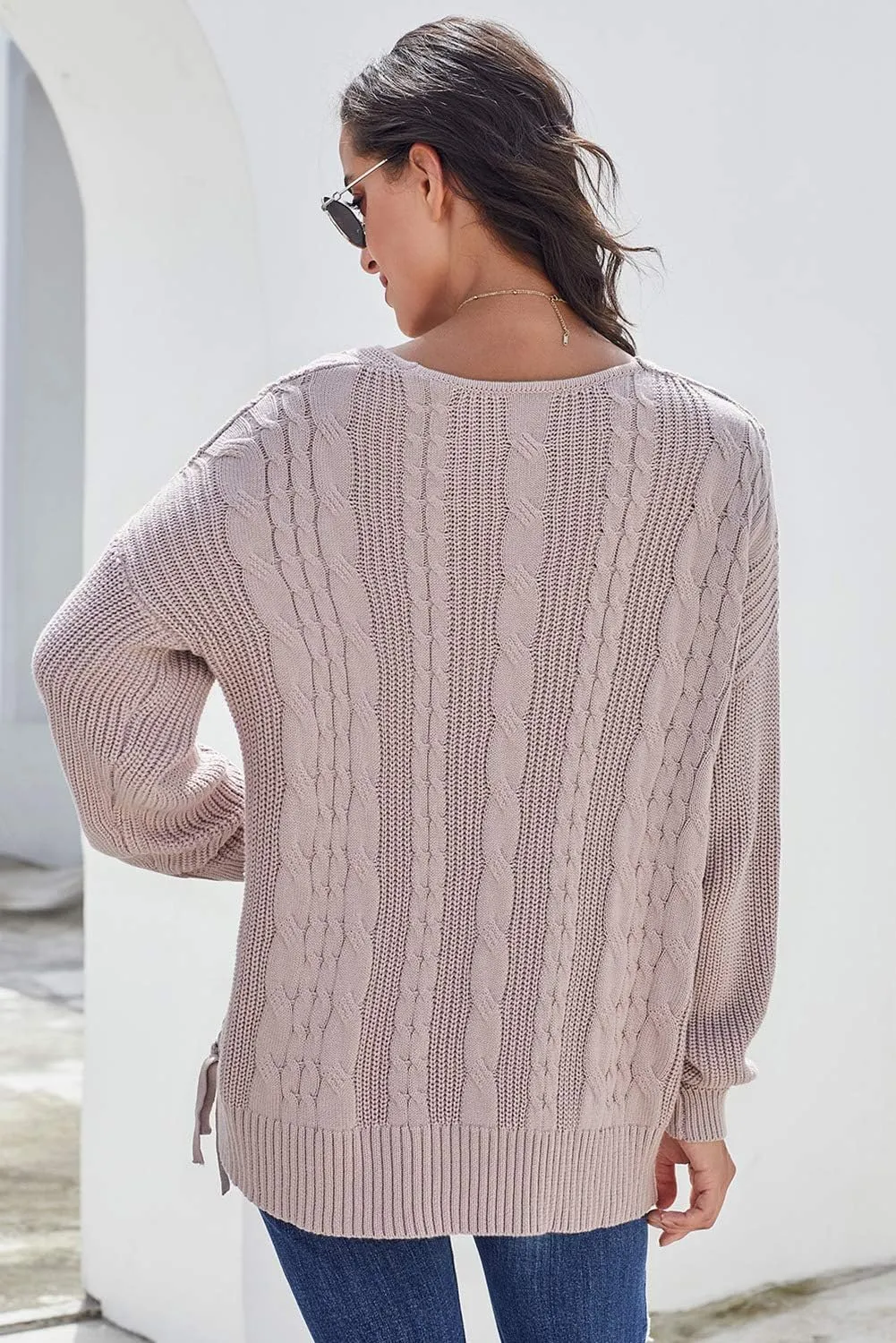 Womens V Neck Cable Knit Pullover Sweaters Chunky Long Sleeve Lace Up Side Jumper Tops