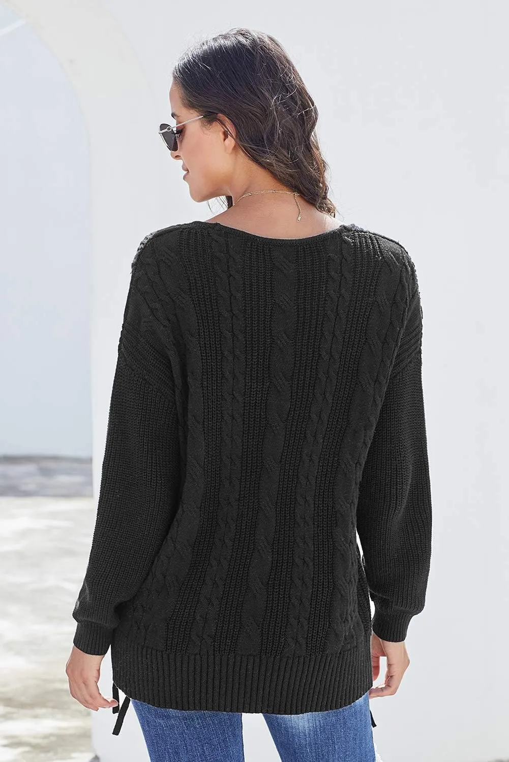 Womens V Neck Cable Knit Pullover Sweaters Chunky Long Sleeve Lace Up Side Jumper Tops