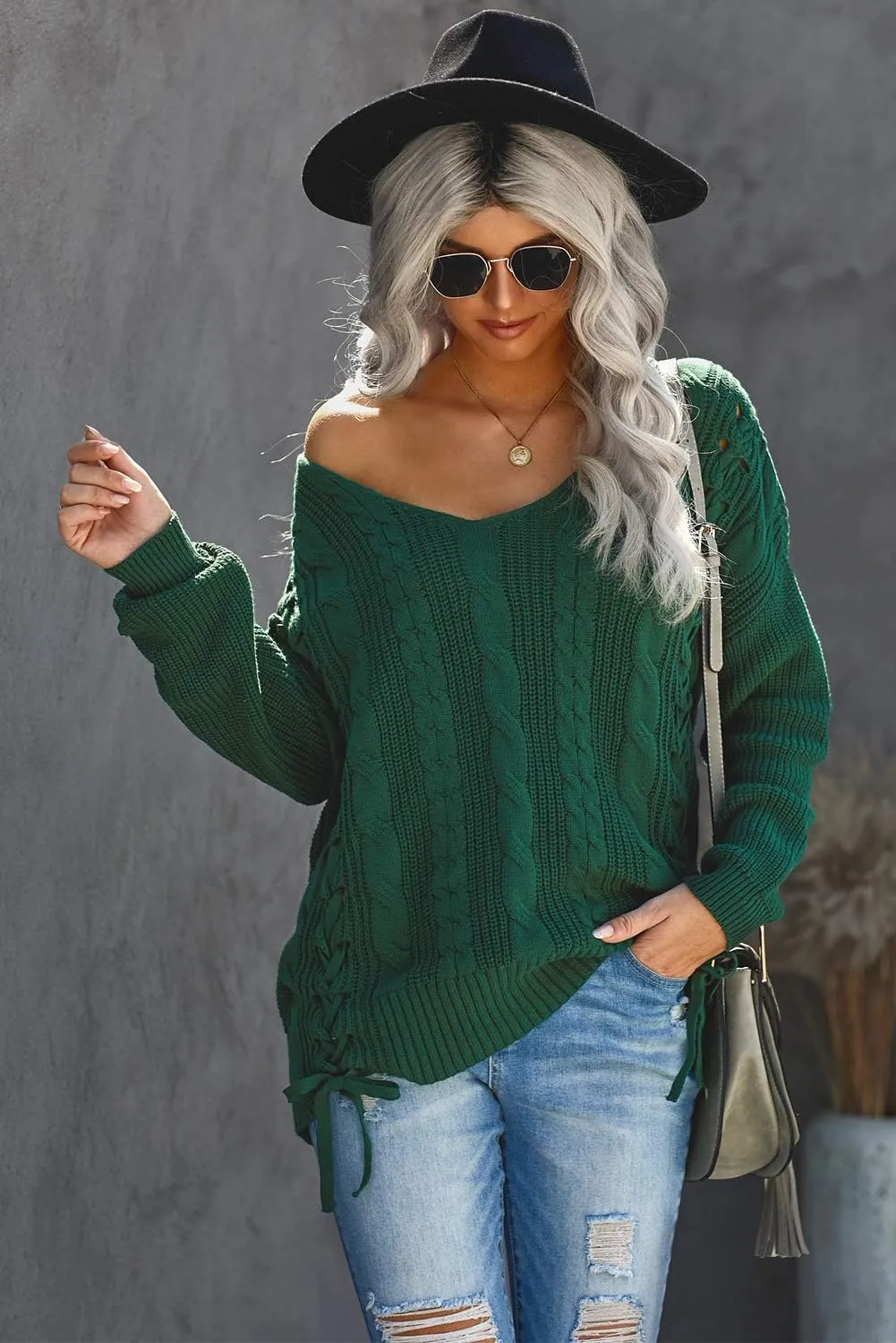 Womens V Neck Cable Knit Pullover Sweaters Chunky Long Sleeve Lace Up Side Jumper Tops