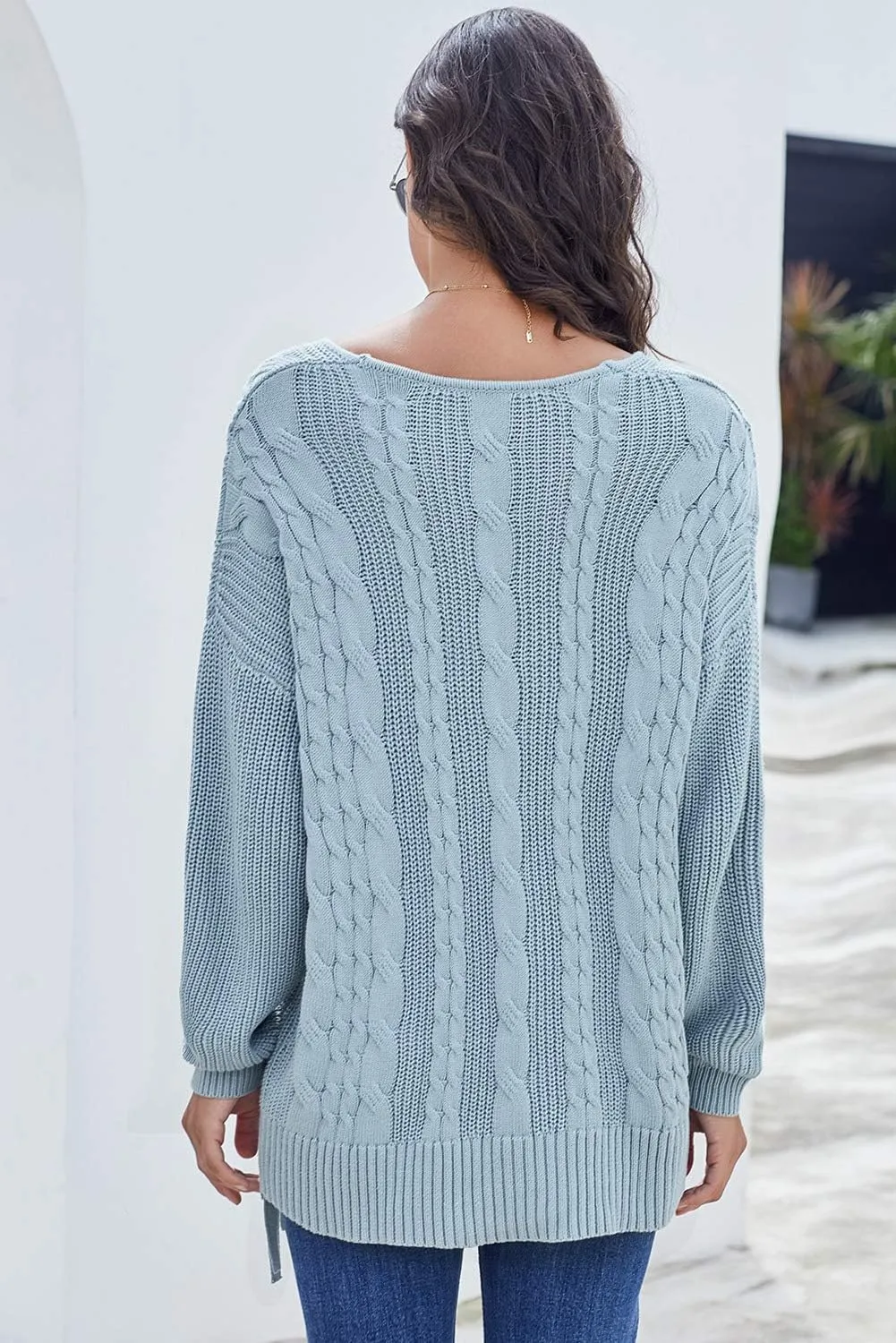Womens V Neck Cable Knit Pullover Sweaters Chunky Long Sleeve Lace Up Side Jumper Tops