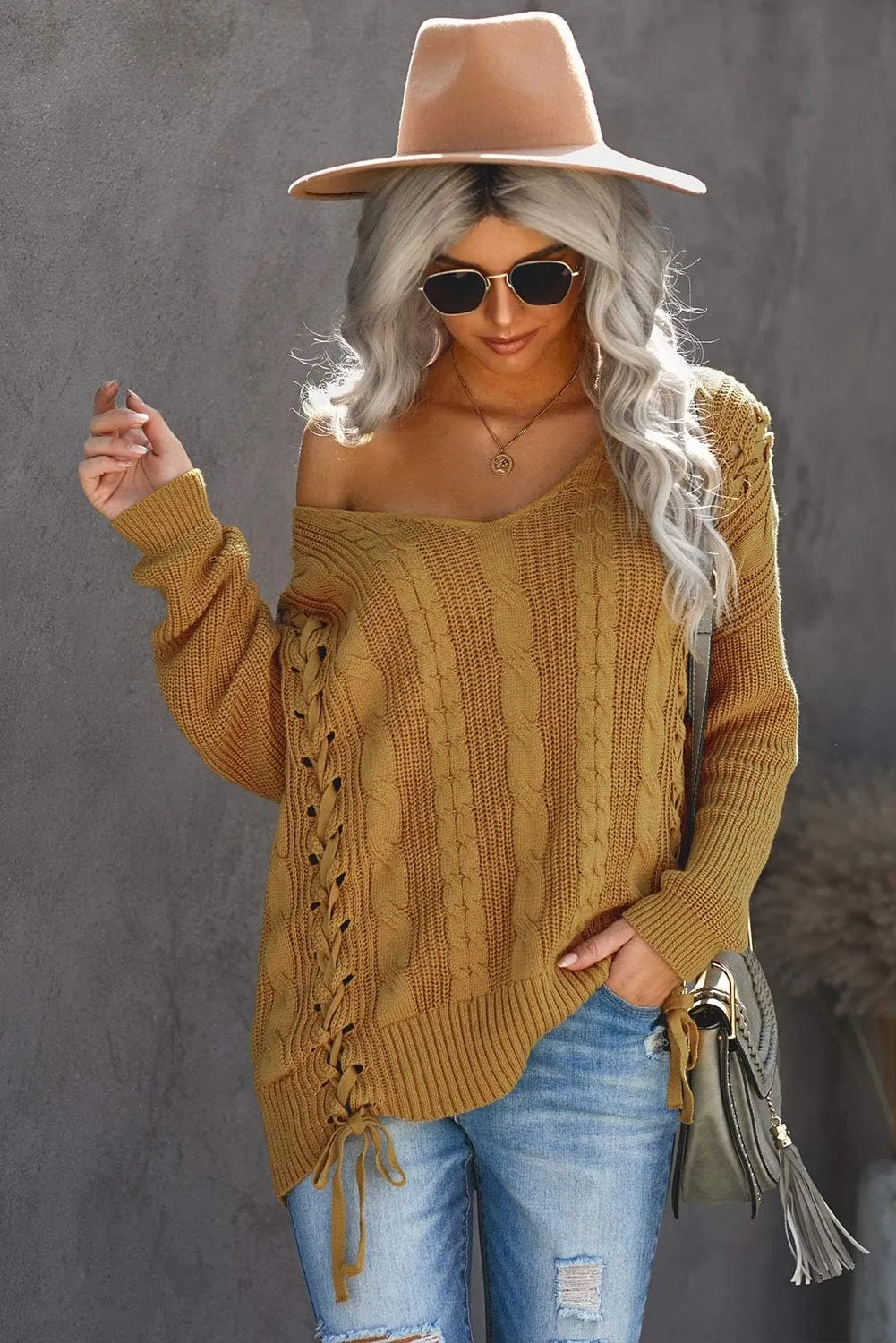 Womens V Neck Cable Knit Pullover Sweaters Chunky Long Sleeve Lace Up Side Jumper Tops