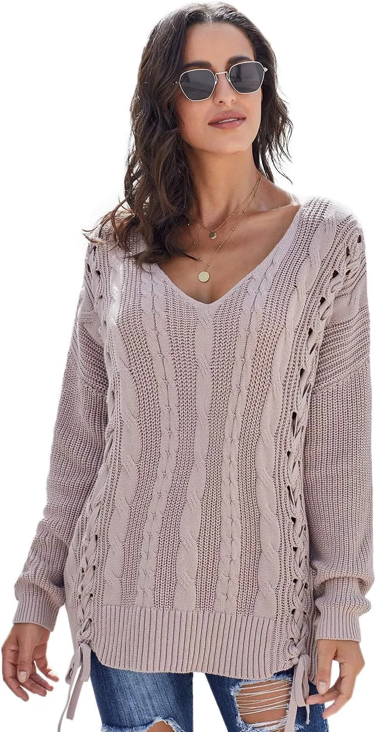 Womens V Neck Cable Knit Pullover Sweaters Chunky Long Sleeve Lace Up Side Jumper Tops
