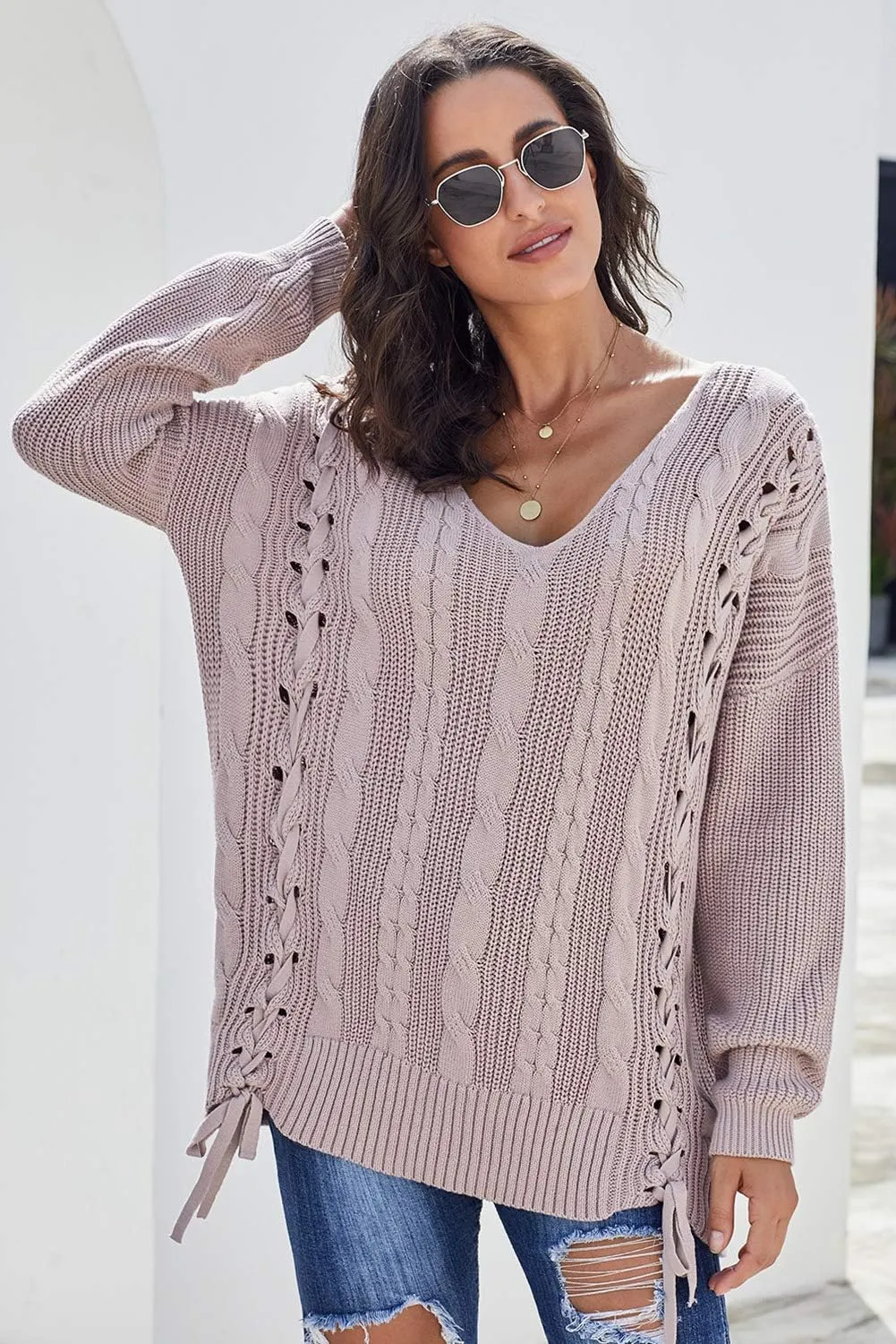 Womens V Neck Cable Knit Pullover Sweaters Chunky Long Sleeve Lace Up Side Jumper Tops
