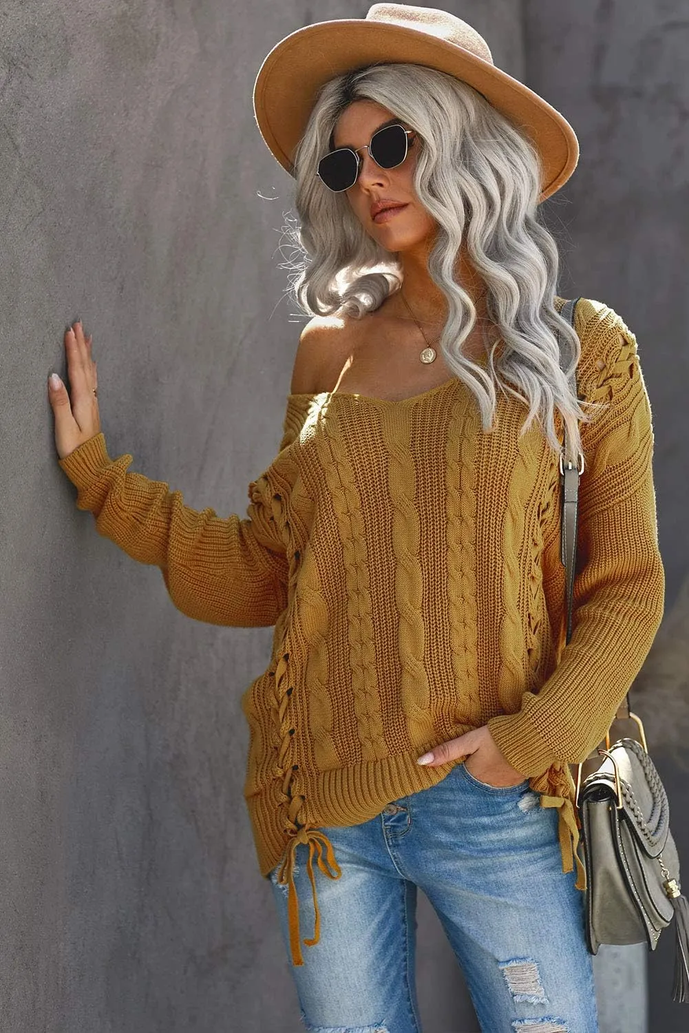 Womens V Neck Cable Knit Pullover Sweaters Chunky Long Sleeve Lace Up Side Jumper Tops