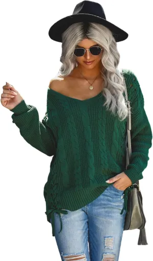 Womens V Neck Cable Knit Pullover Sweaters Chunky Long Sleeve Lace Up Side Jumper Tops