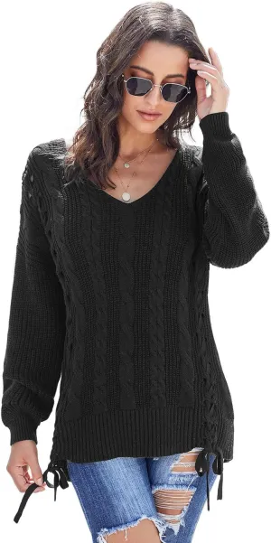 Womens V Neck Cable Knit Pullover Sweaters Chunky Long Sleeve Lace Up Side Jumper Tops