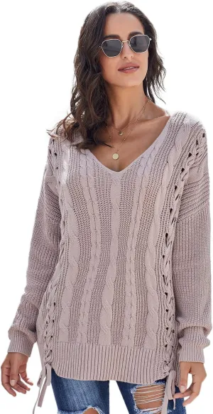 Womens V Neck Cable Knit Pullover Sweaters Chunky Long Sleeve Lace Up Side Jumper Tops