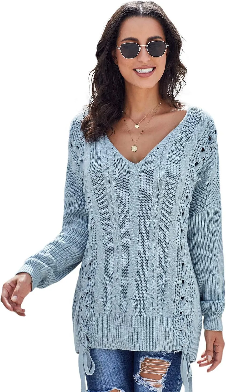 Womens V Neck Cable Knit Pullover Sweaters Chunky Long Sleeve Lace Up Side Jumper Tops