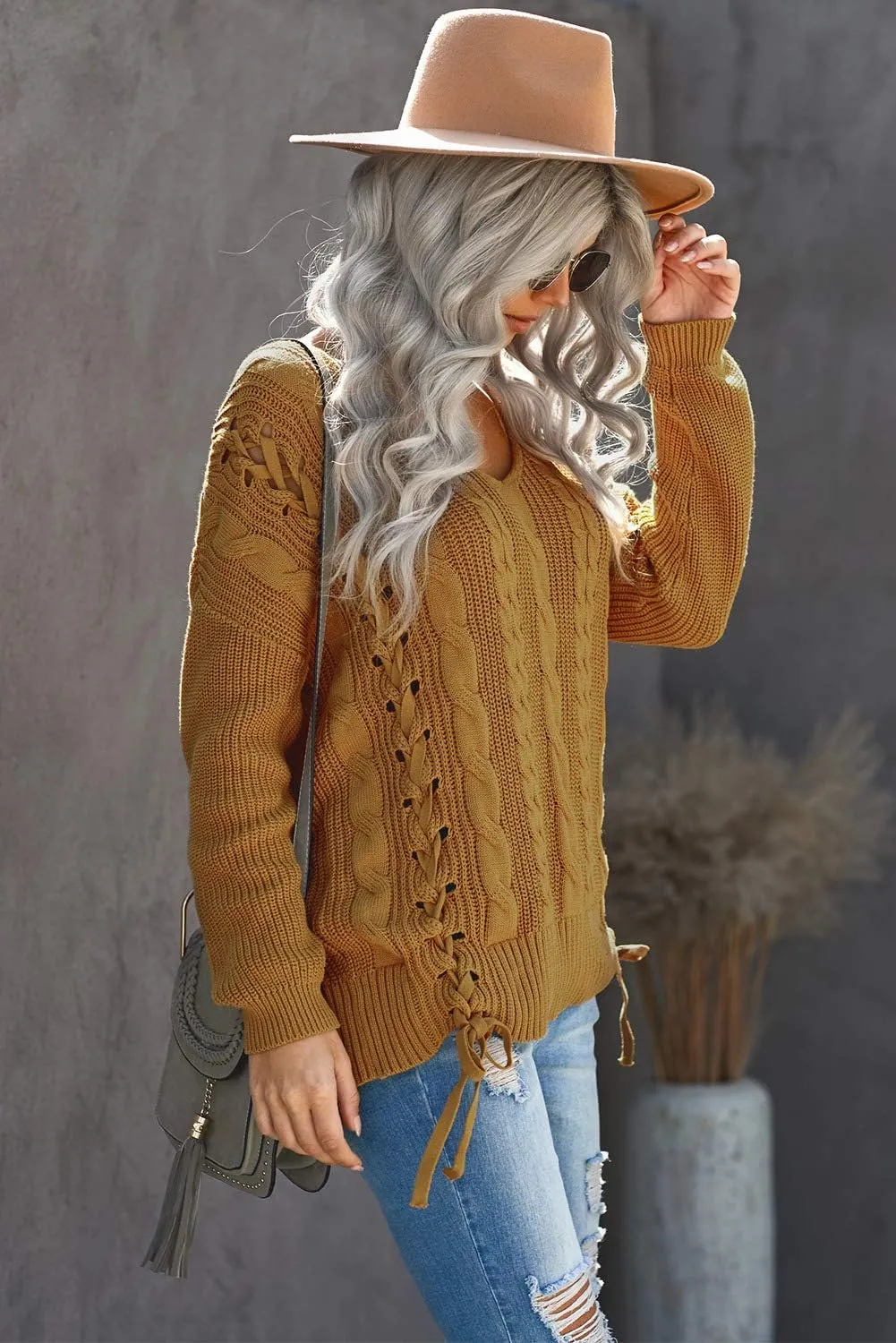 Womens V Neck Cable Knit Pullover Sweaters Chunky Long Sleeve Lace Up Side Jumper Tops