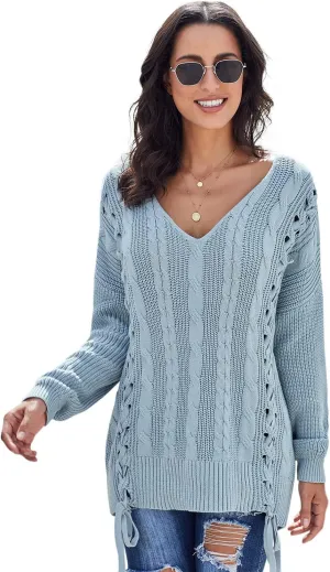 Womens V Neck Cable Knit Pullover Sweaters Chunky Long Sleeve Lace Up Side Jumper Tops