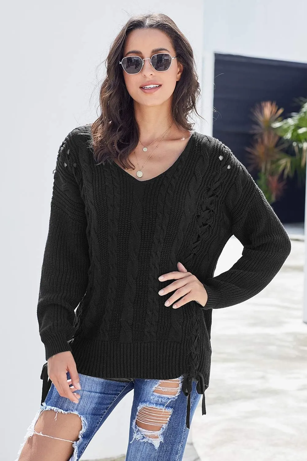 Womens V Neck Cable Knit Pullover Sweaters Chunky Long Sleeve Lace Up Side Jumper Tops