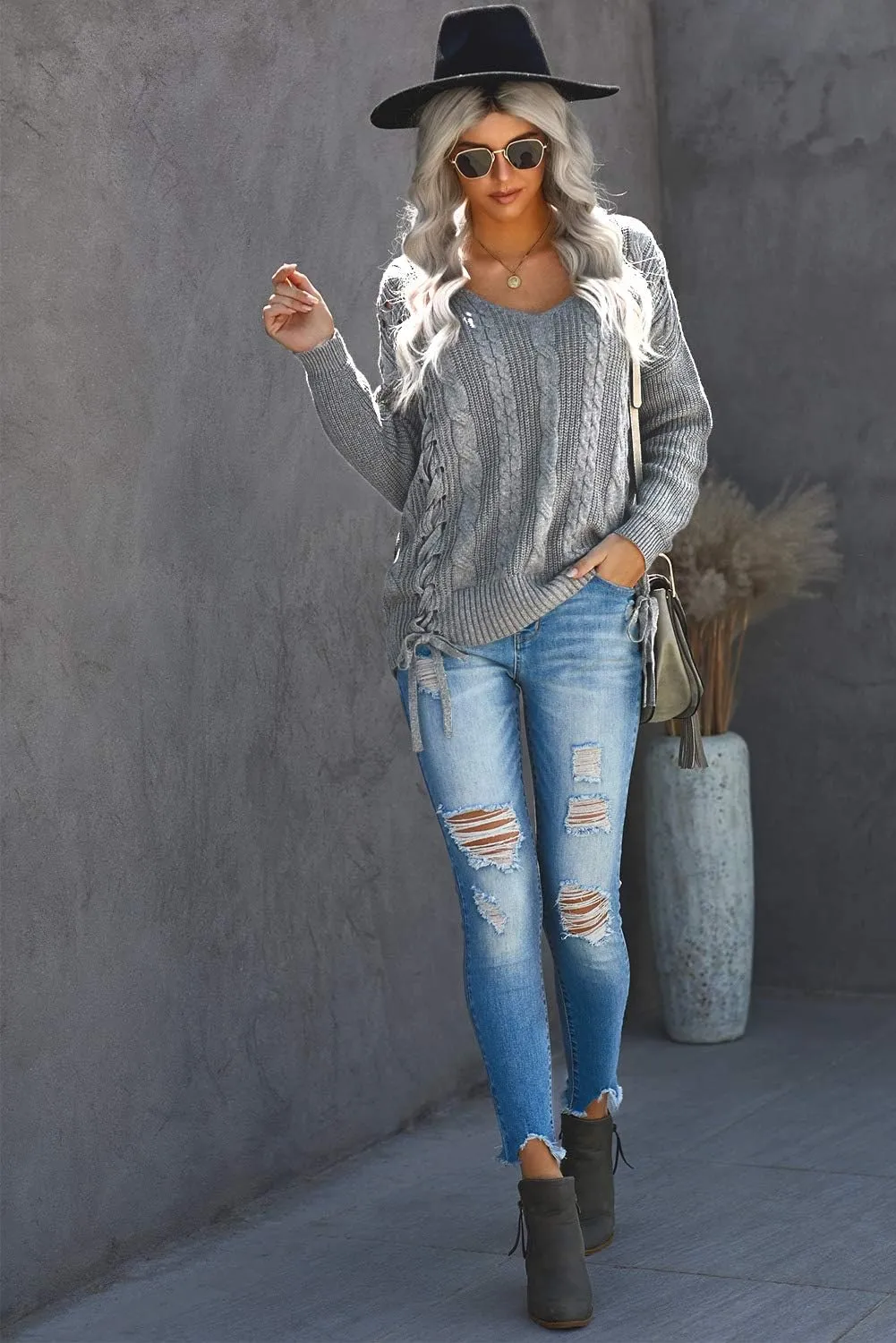 Womens V Neck Cable Knit Pullover Sweaters Chunky Long Sleeve Lace Up Side Jumper Tops