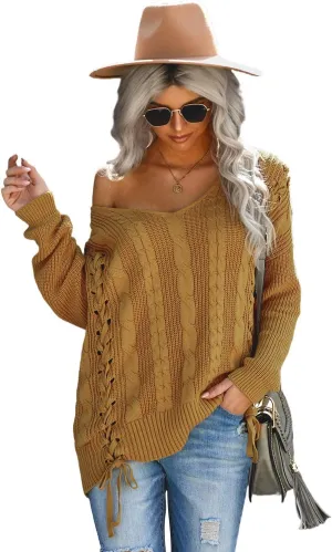 Womens V Neck Cable Knit Pullover Sweaters Chunky Long Sleeve Lace Up Side Jumper Tops