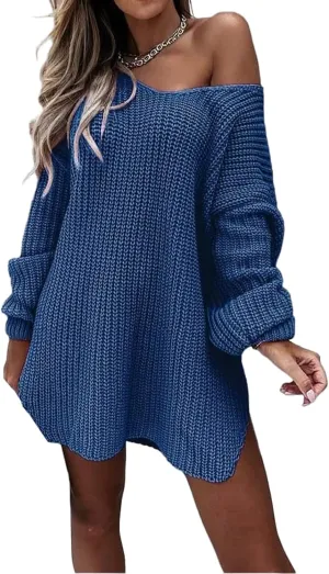 Womens V Neck Sweater Chunky Knit Sweaters Oversized Pullover Tops Long Sleeve Off Shoulder Jumper Loose Fit Tops