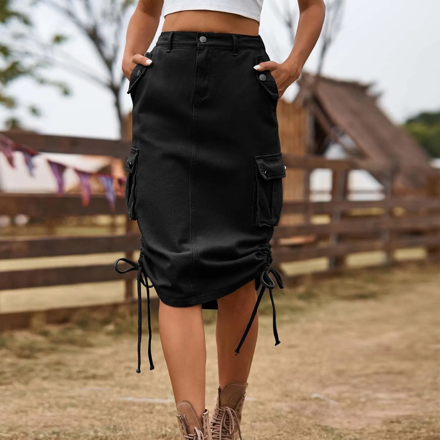 Women's Vintage 90s Midi Denim Skirt Drawstring Stretchy Zipper Pocket Drawstring Jean Skirt Pencil Long Cargo Skirt