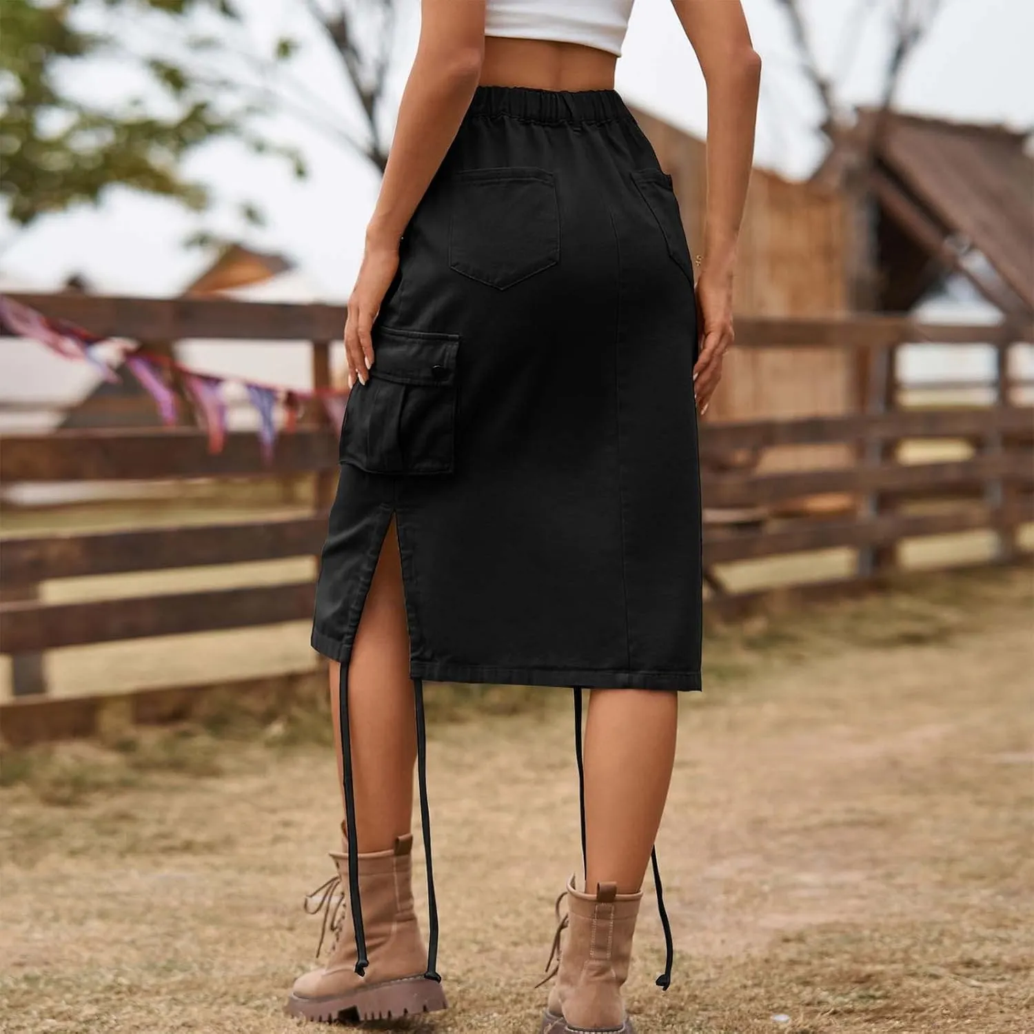Women's Vintage 90s Midi Denim Skirt Drawstring Stretchy Zipper Pocket Drawstring Jean Skirt Pencil Long Cargo Skirt