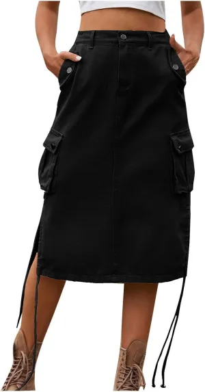 Women's Vintage 90s Midi Denim Skirt Drawstring Stretchy Zipper Pocket Drawstring Jean Skirt Pencil Long Cargo Skirt