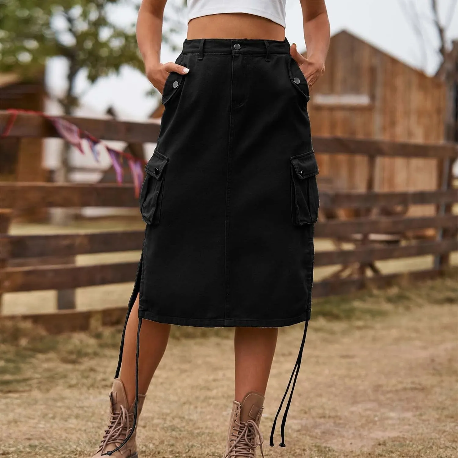 Women's Vintage 90s Midi Denim Skirt Drawstring Stretchy Zipper Pocket Drawstring Jean Skirt Pencil Long Cargo Skirt