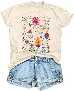 Women's Vintage Floral T Shirt Boho Wildflower Graphic Loose Tees Short Sleeve Casual Tops