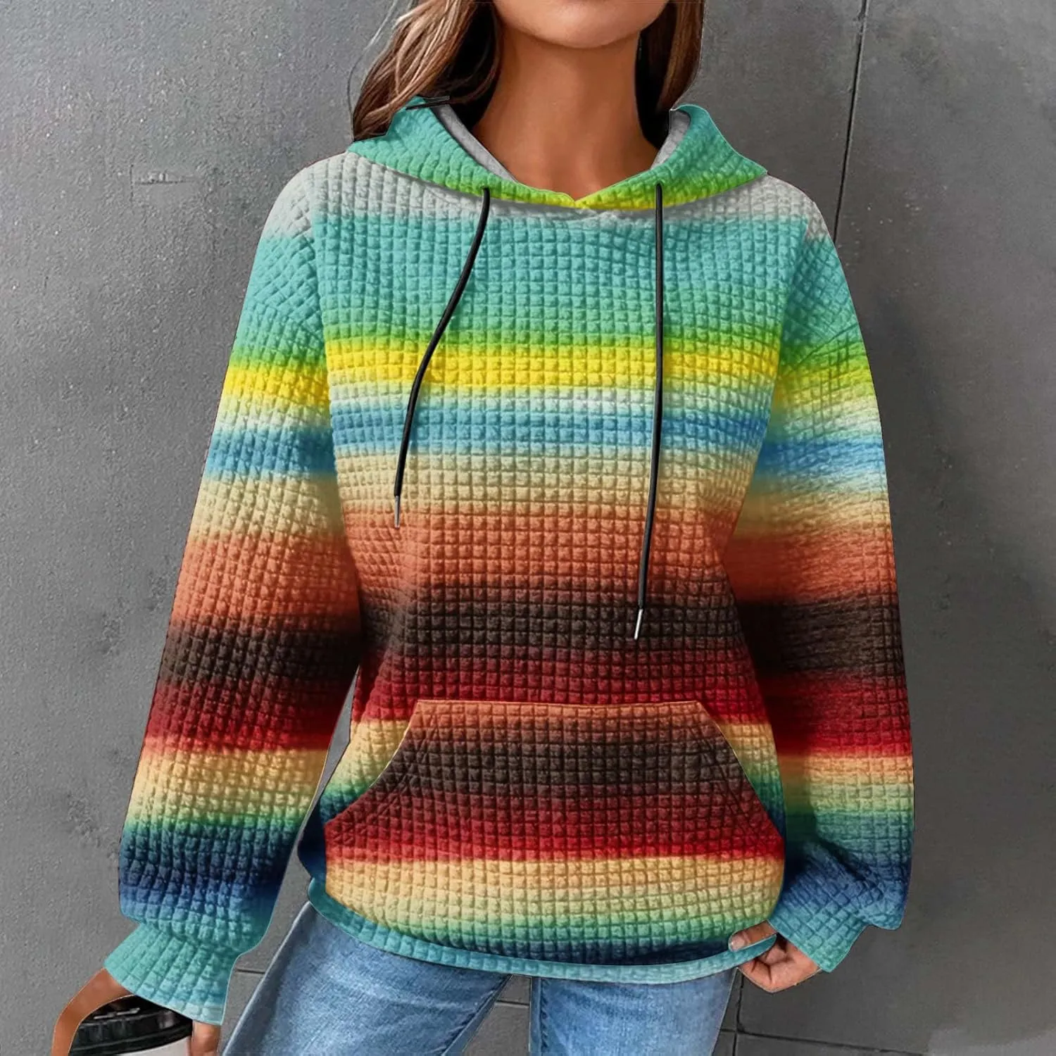 Womens Waffle Knit Hoodie Oversized Fashion Multicolored Sweatshirt Casual Drawstring Pullover Tops with Pockets
