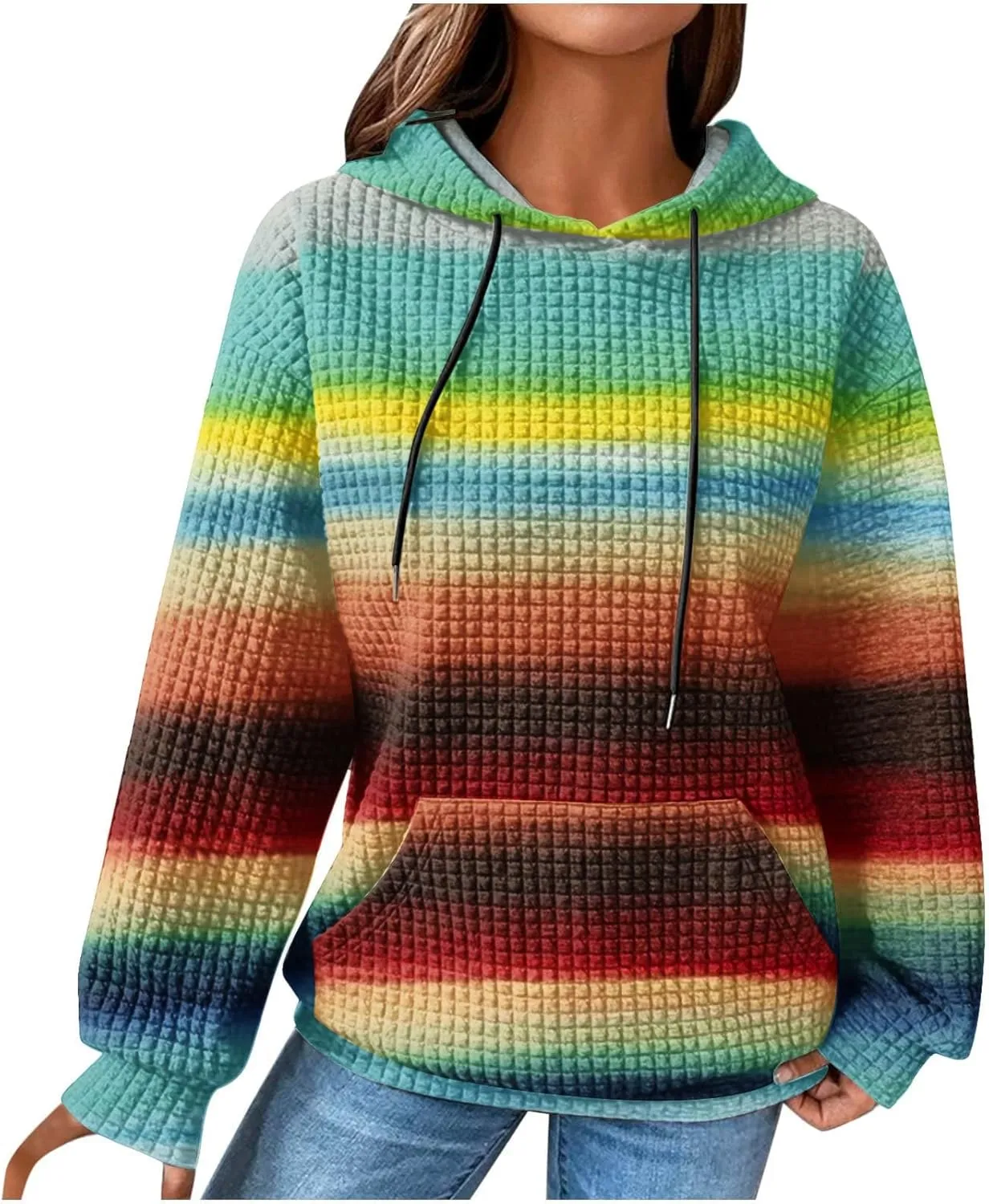 Womens Waffle Knit Hoodie Oversized Fashion Multicolored Sweatshirt Casual Drawstring Pullover Tops with Pockets