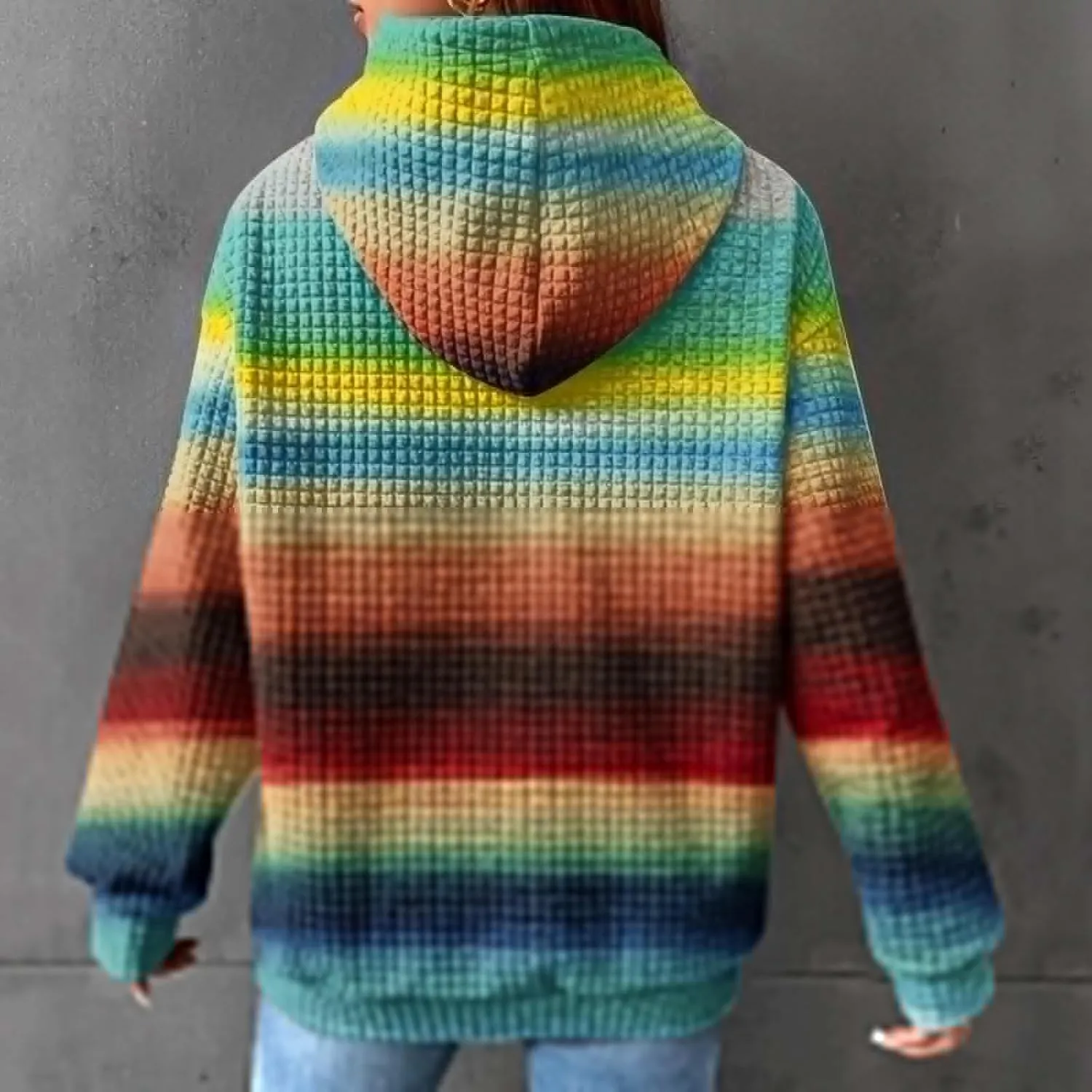 Womens Waffle Knit Hoodie Oversized Fashion Multicolored Sweatshirt Casual Drawstring Pullover Tops with Pockets