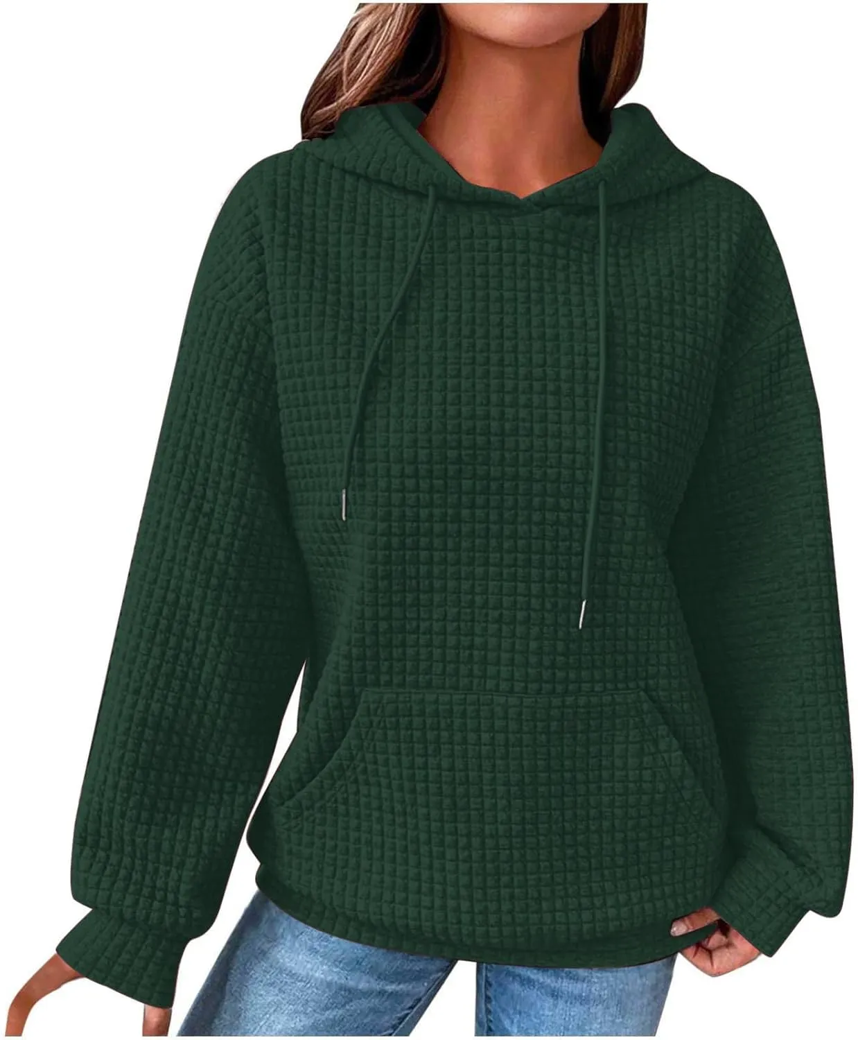 Womens Waffle Knit Hoodies Casual Long Sleeve Fall Fashion Hooded Sweatshirts Dressy Loose Oversized Pullover Tops
