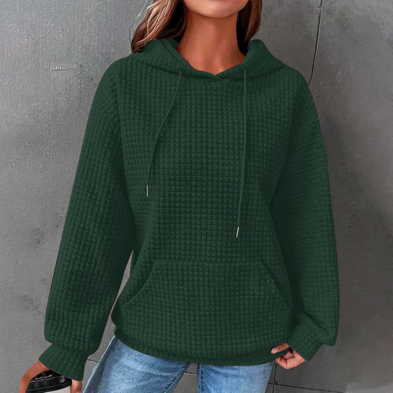 Womens Waffle Knit Hoodies Casual Long Sleeve Fall Fashion Hooded Sweatshirts Dressy Loose Oversized Pullover Tops