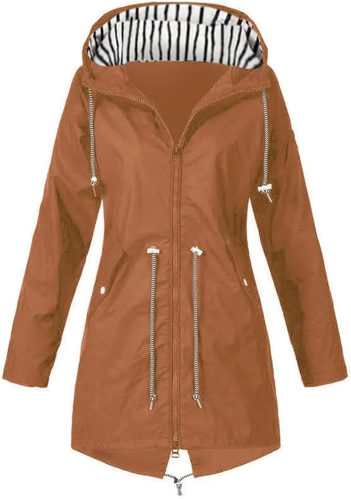 Women's Waterproof Rain Jacket Long Sleeve Lightweight Hooded Raincoat for Hiking Outdoor Drawstring Outerwear Windbreaker