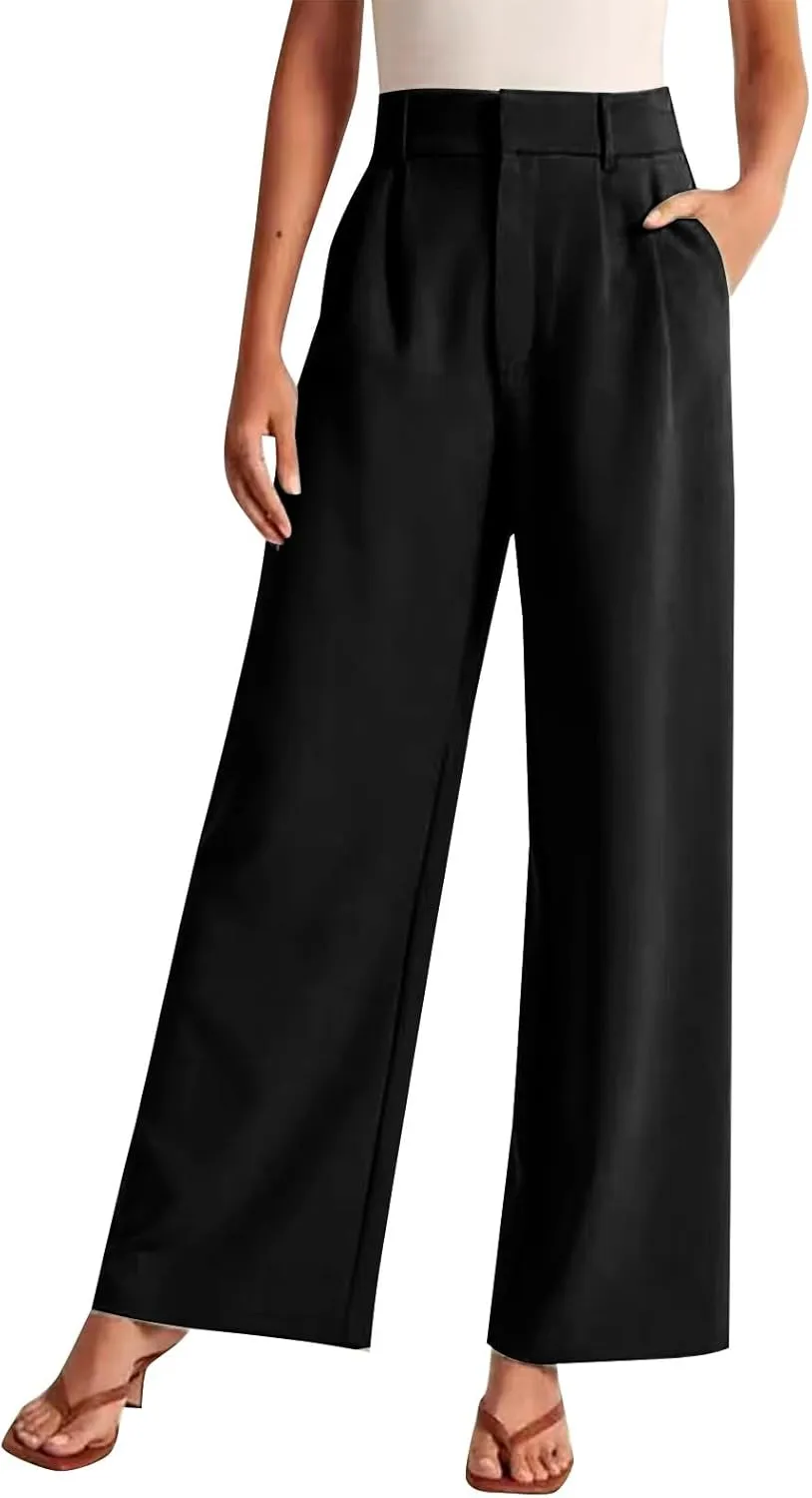 Women's Wide Leg Dress Pants High Waisted Straight Leg Suit Trousers Casual Loose Fit Solid Color Business Pants with Pockets