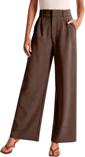Women's Wide Leg Dress Pants High Waisted Straight Leg Suit Trousers Casual Loose Fit Solid Color Business Pants with Pockets