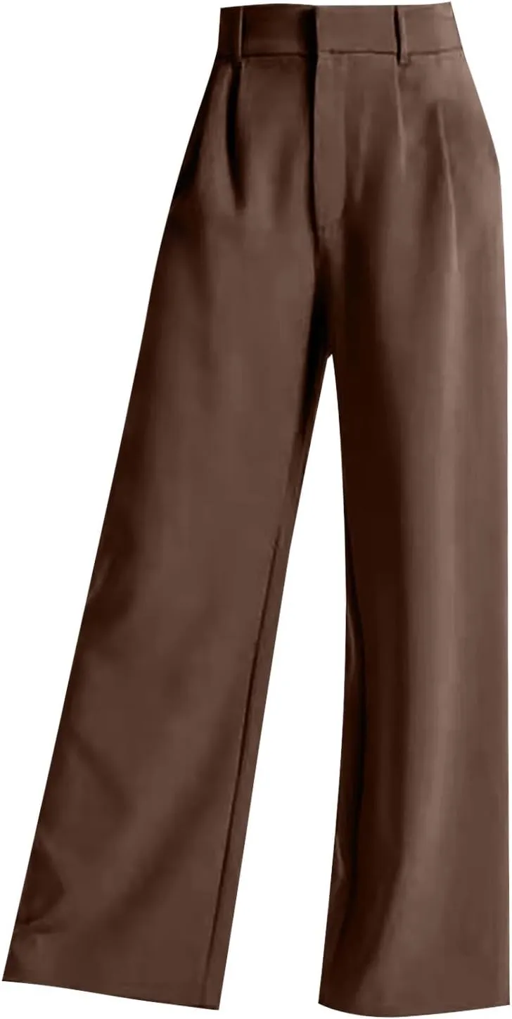 Women's Wide Leg Dress Pants High Waisted Straight Leg Suit Trousers Casual Loose Fit Solid Color Business Pants with Pockets