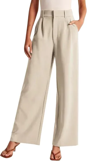 Women's Wide Leg Dress Pants High Waisted Straight Leg Suit Trousers Casual Loose Fit Solid Color Business Pants with Pockets