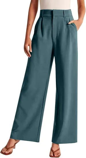 Women's Wide Leg Dress Pants High Waisted Straight Leg Suit Trousers Casual Loose Fit Solid Color Business Pants with Pockets
