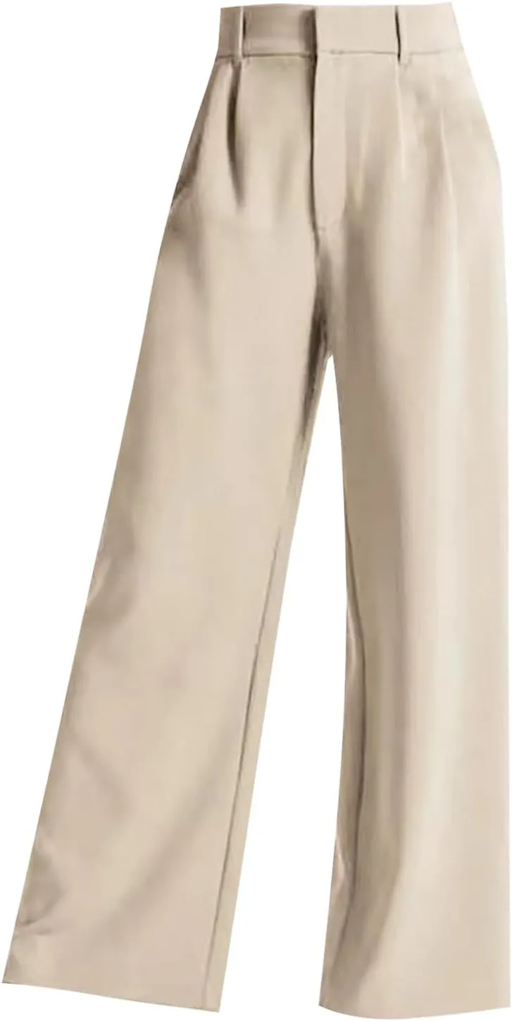 Women's Wide Leg Dress Pants High Waisted Straight Leg Suit Trousers Casual Loose Fit Solid Color Business Pants with Pockets