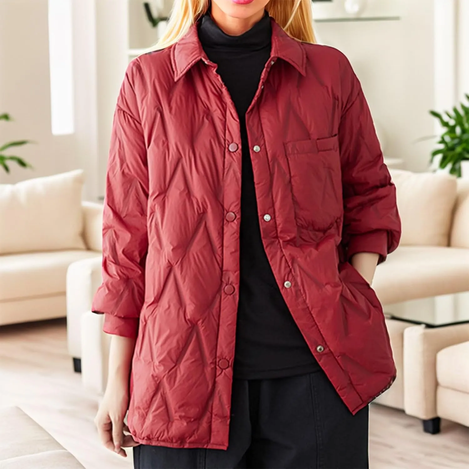 Women's Winter Casual Quilted Jackets Lightweight Button Puffer Jacket Outerwear Casual Down Winter Coat with Pockets