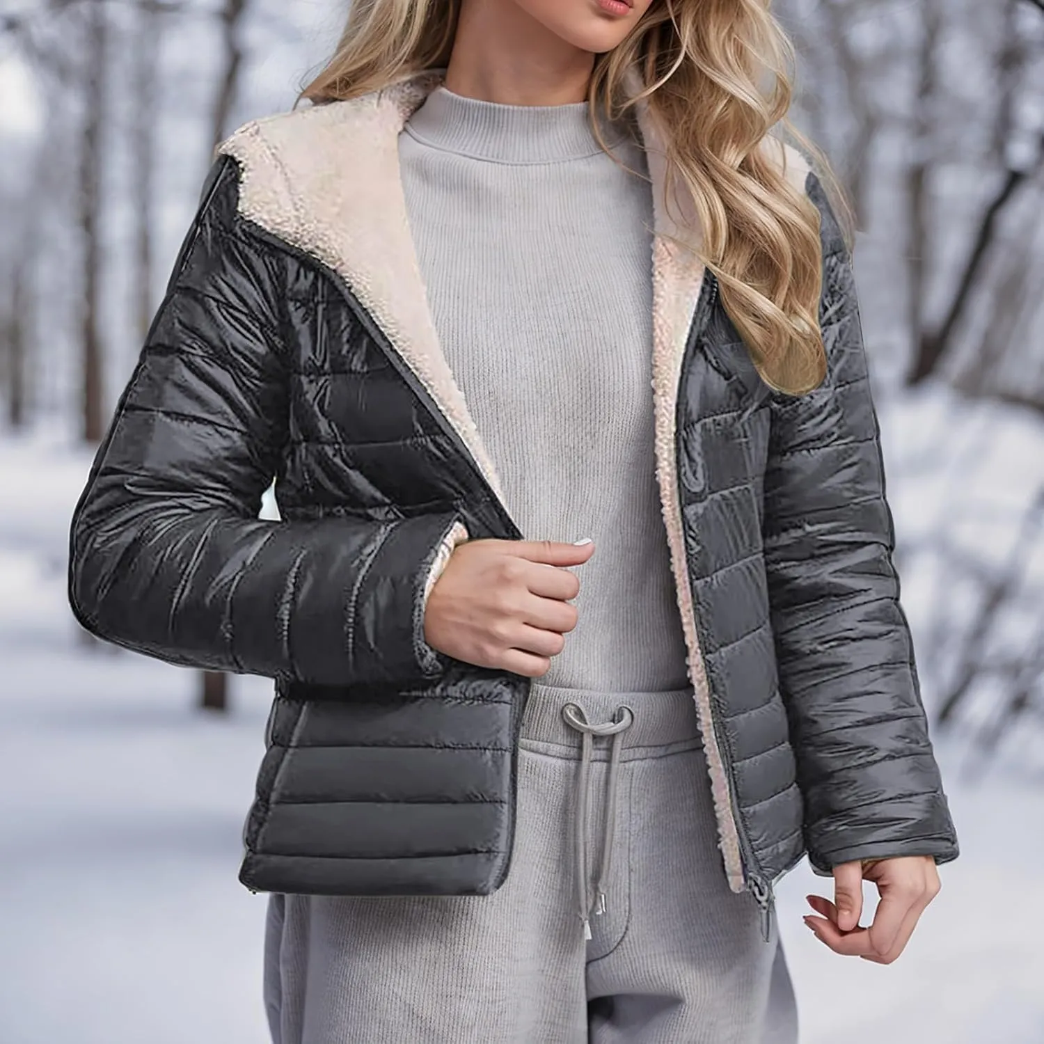 Womens Winter Coats Puffer Thickened Warm Hooded Down Jacket Sherpa Fleece Lined Down Coat Long Sleeve Quilted Jacket