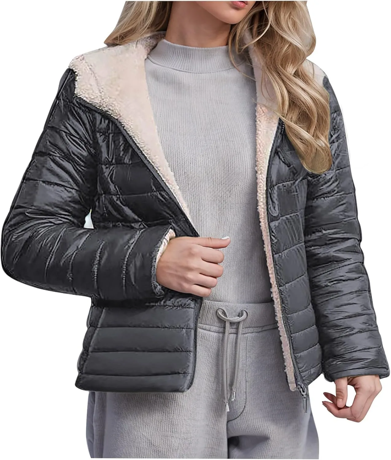 Womens Winter Coats Puffer Thickened Warm Hooded Down Jacket Sherpa Fleece Lined Down Coat Long Sleeve Quilted Jacket