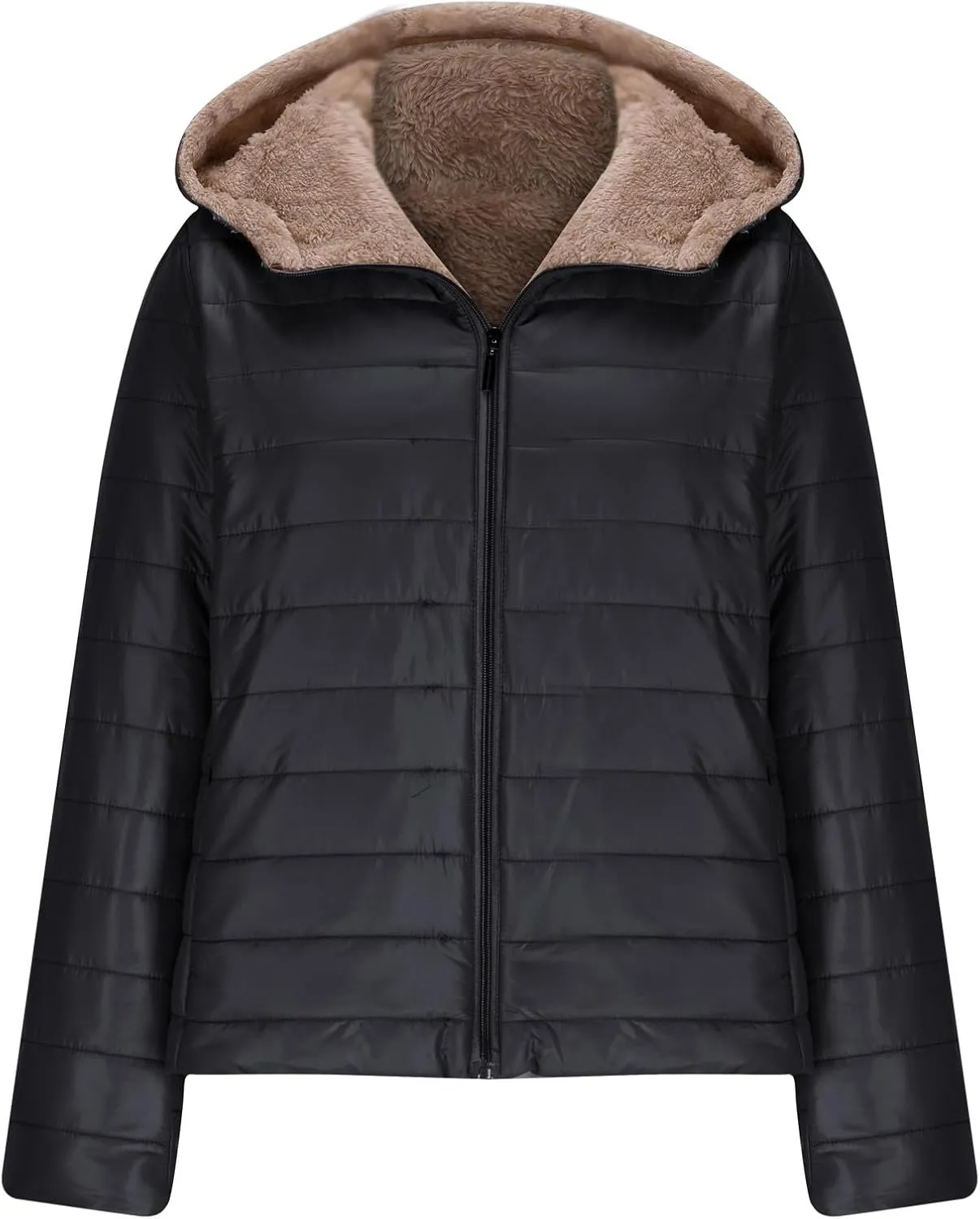 Womens Winter Coats Puffer Thickened Warm Hooded Down Jacket Sherpa Fleece Lined Down Coat Long Sleeve Quilted Jacket