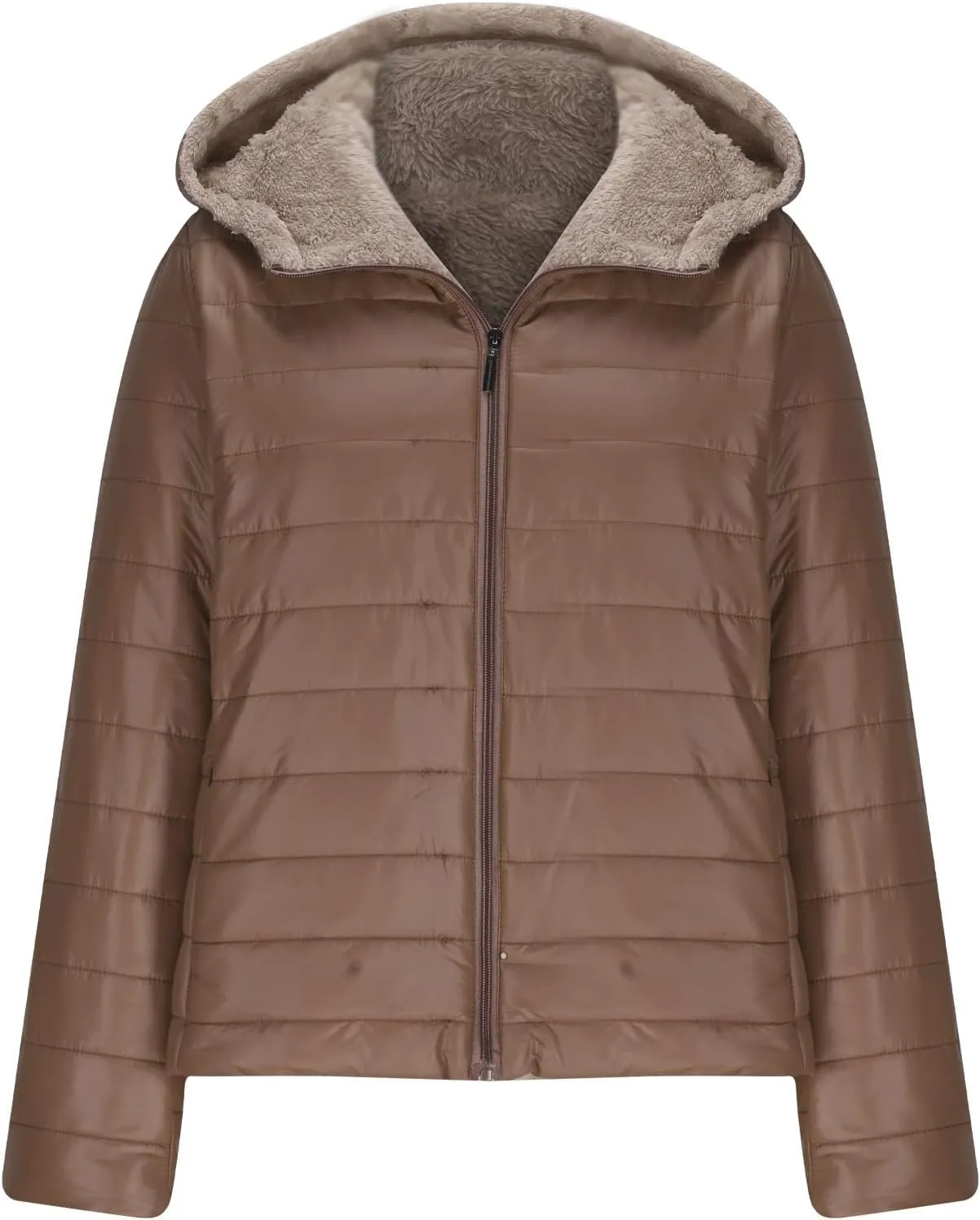 Womens Winter Coats Puffer Thickened Warm Hooded Down Jacket Sherpa Fleece Lined Down Coat Long Sleeve Quilted Jacket